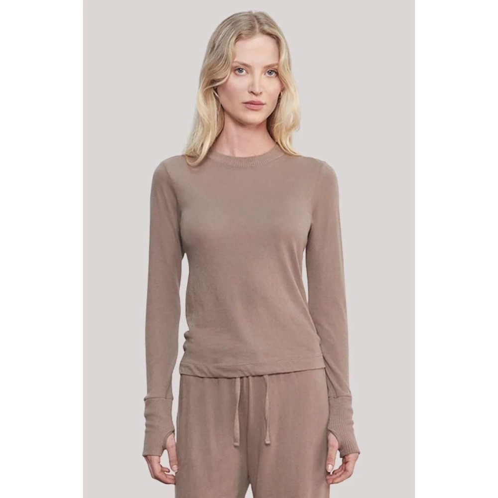 ENZA COSTA Cashmere Easy Cuffed Crew Top Medium Walnut Brown Long Sleeve Shirt